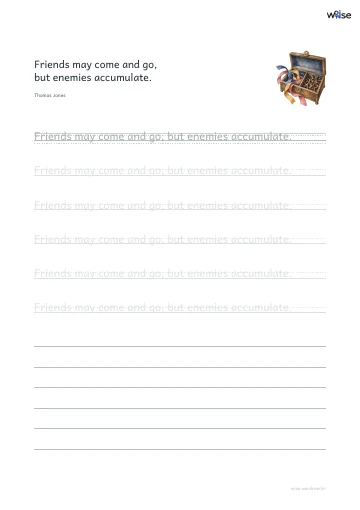 영어 따라쓰기 PDF 첫 페이지: Friends may come and go, but enemies accumulate.