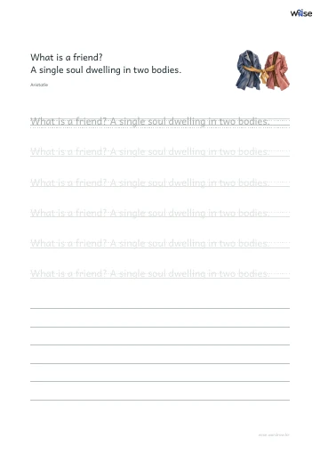 영어 따라쓰기 PDF 첫 페이지: What is a friend? A single soul dwelling in two bodies.