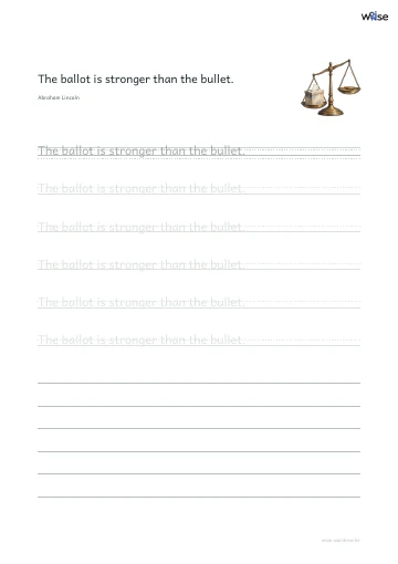 영어 따라쓰기 PDF 첫 페이지: The ballot is stronger than the bullet.