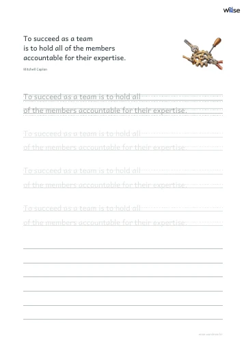 영어 따라쓰기 PDF 첫 페이지: To succeed as a team is to hold all of the members accountable for their expertise.