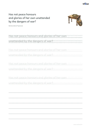 영어 따라쓰기 PDF 첫 페이지: Has not peace honours and glories of her own unattended by the dangers of war?