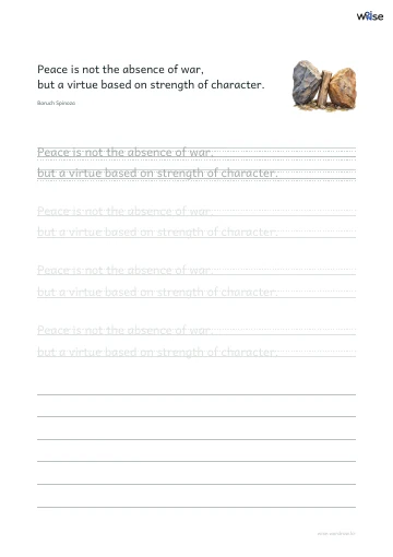 영어 따라쓰기 PDF 첫 페이지: Peace is not the absence of war, but a virtue based on strength of character.