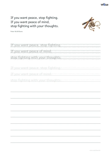 영어 따라쓰기 PDF 첫 페이지: If you want peace, stop fighting. If you want peace of mind, stop fighting with your thoughts.
