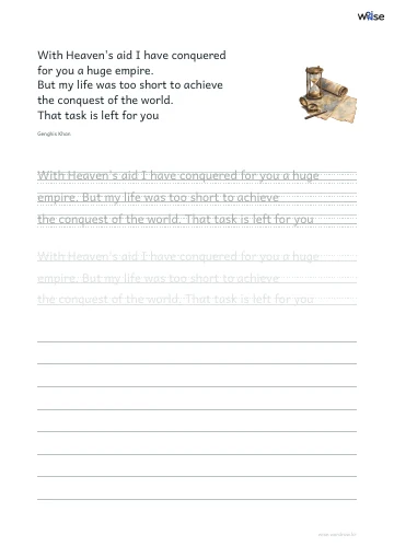 영어 따라쓰기 PDF 첫 페이지: With Heaven's aid I have conquered for you a huge empire. But my life was too short to achieve the conquest of the world. That task is left for you