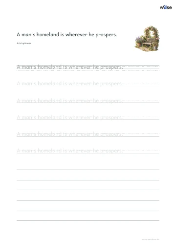영어 따라쓰기 PDF 첫 페이지: A man's homeland is wherever he prospers.