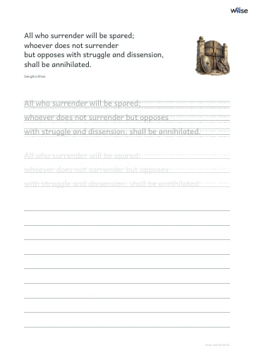 영어 따라쓰기 PDF 첫 페이지: All who surrender will be spared; whoever does not surrender but opposes with struggle and dissension, shall be annihilated.