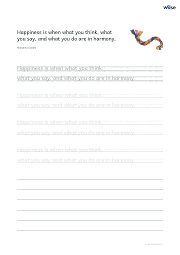 영어 따라쓰기 PDF 첫 페이지: Happiness is when what you think, what you say, and what you do are in harmony.
