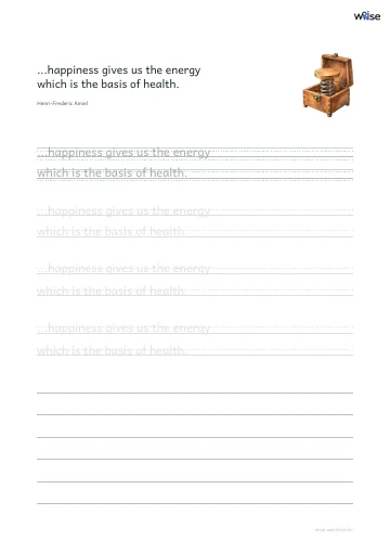 영어 따라쓰기 PDF 첫 페이지: ...happiness gives us the energy which is the basis of health.