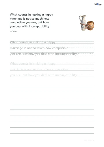 영어 따라쓰기 PDF 첫 페이지: What counts in making a happy marriage is not so much how compatible you are, but how you deal with incompatibility.