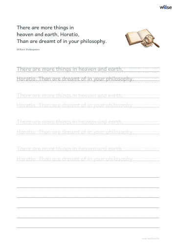 영어 따라쓰기 PDF 첫 페이지: There are more things in heaven and earth, Horatio, Than are dreamt of in your philosophy.