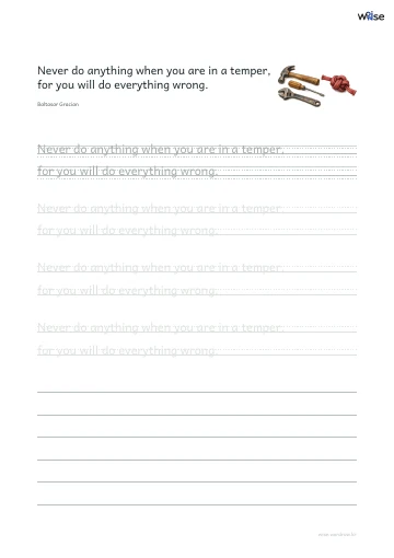 영어 따라쓰기 PDF 첫 페이지: Never do anything when you are in a temper, for you will do everything wrong.