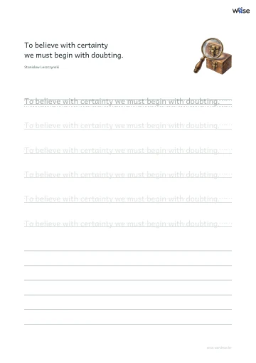 영어 따라쓰기 PDF 첫 페이지: To believe with certainty we must begin with doubting.