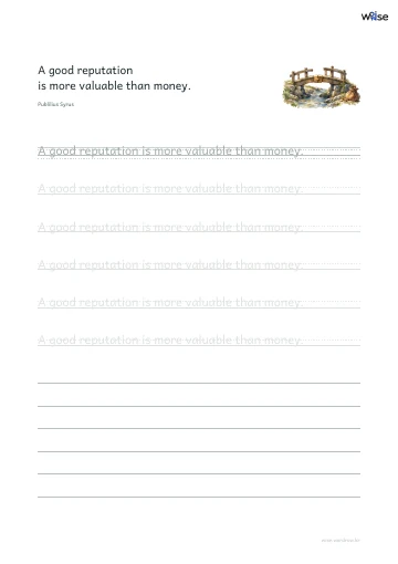 영어 따라쓰기 PDF 첫 페이지: A good reputation is more valuable than money.
