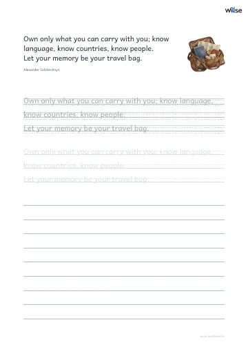 영어 따라쓰기 PDF 첫 페이지: Own only what you can carry with you; know language, know countries, know people. Let your memory be your travel bag.