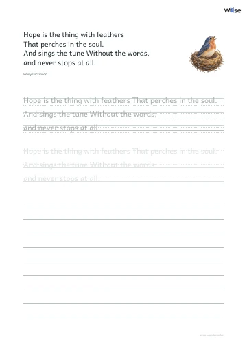 영어 따라쓰기 PDF 첫 페이지: Hope is the thing with feathers That perches in the soul. And sings the tune Without the words, and never stops at all.