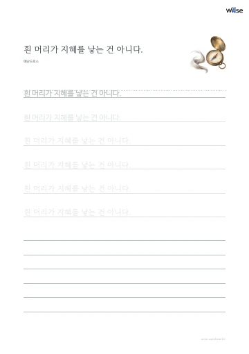 한글 따라쓰기 PDF 첫 페이지: 흰 머리가 지혜를 낳는 건 아니다.