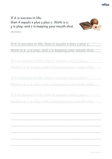 영어 따라쓰기 PDF 첫 페이지: If A is success in life, then A equals x plus y plus z. Work is x; y is play; and z is keeping your mouth shut.
